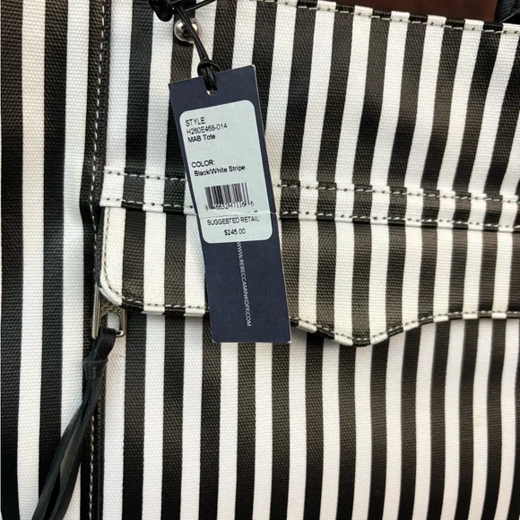Rebecca Minkoff MAB Tote Black White Stripe Canvas Leather Handles - Picture 4 of 10